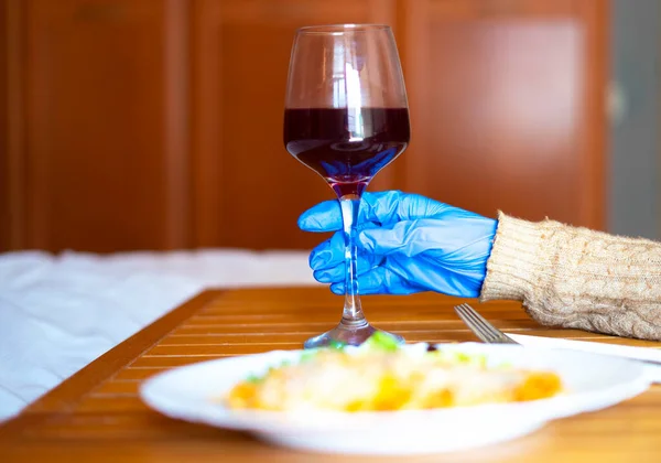 Woman Gloves Glass Wine Restaurant Covid — Stock Photo, Image