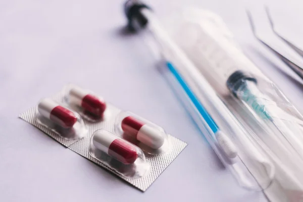 Syringe Pills Test Swab White Background — Stockfoto