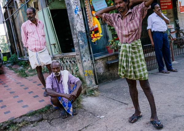 Four Men Wearing Plaid Striped Western Shirts Lungi Stand Shop — Stock Photo, Image