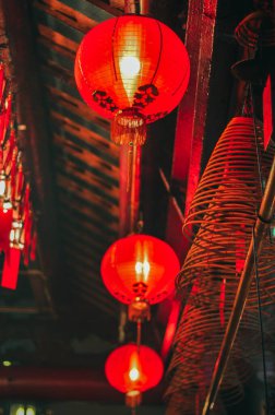 Hanging lanterns inside Man Mo temple