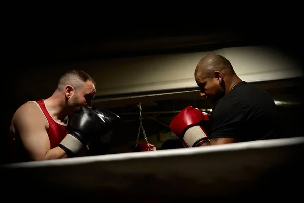 リングの健康クラブで練習する男性ボクサーを決定しました — ストック写真