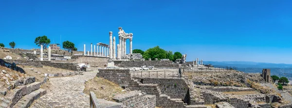 Agora in the Ruins of the Ancient Greek city Pergamon in Turkey. Big size panoramic view on a sunny summer day
