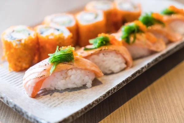 salmon sushi and salmon maki - japanese food