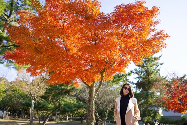 Bella Donna Asiatica Occhiali Sole Posa Nara Park Giappone — Foto Stock