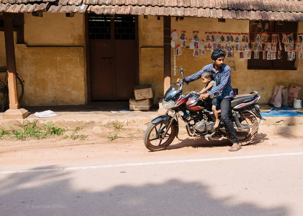 Man Rides Motorcycle Small Boy Lap — Stock Photo, Image