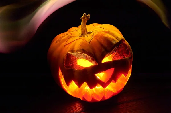 Halloween Abóbora Cabeça Jack Lanterna Com Assustador Mal Rostos Assustador — Fotografia de Stock