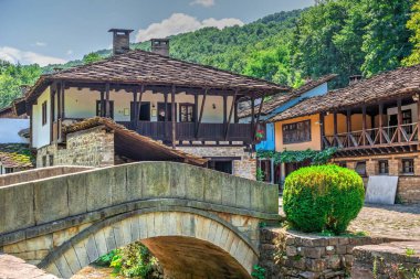Bulgaristan 'ın Etar Mimari Etnoğrafya Kompleksindeki taş köprü güneşli bir yaz gününde