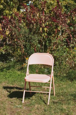 Brooklyn, New York 'ta büyümüş bir bahçede pembe bir sandalye tek başına duruyor.