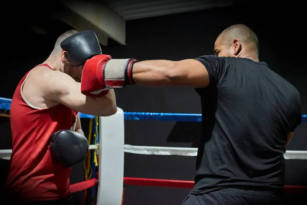 リングの健康クラブでの男性ボクサーの訓練を決定 — ストック写真