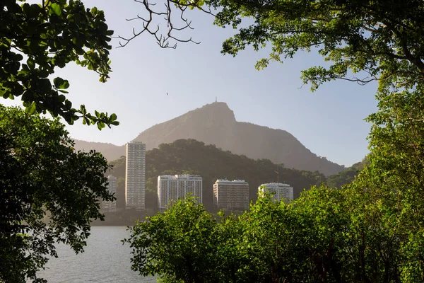 Hermosa Vista Edificios Montaña Por Laguna Rodrigo Freitas Río Janeiro — Foto de Stock