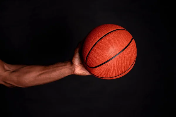 African Man Hands Holding Basketball Black Background — Stock Photo, Image