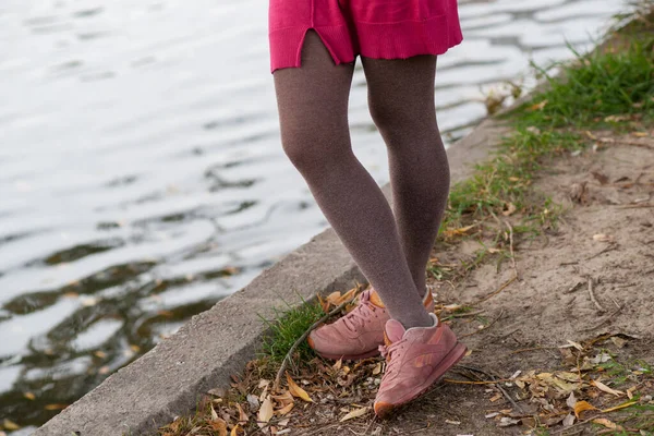 足美しいですスレンダーな魅力的なブルネットの女の子秋に湖の背景に — ストック写真