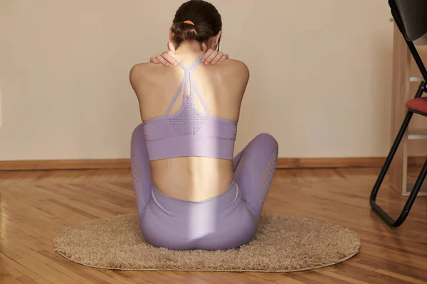 Young Millennial Woman Glasses Doing Yoga Exercises Home — Fotografia de Stock