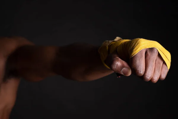 African Man Boxer Bandages Giving Direct Hit Black Background — Stock Photo, Image