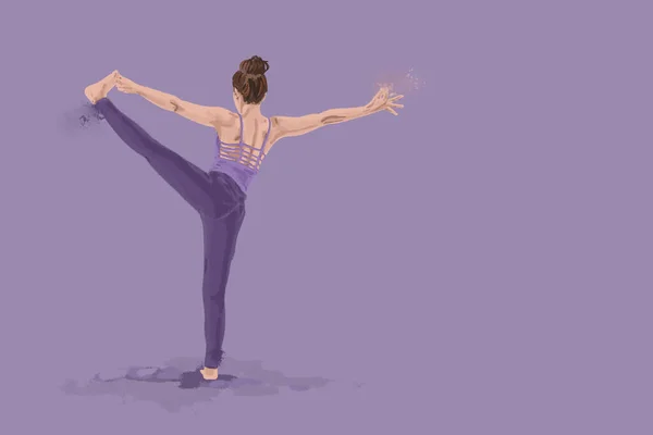 女性平衡站立到大脚趾瑜伽插图孤立在蓝色背景与复制空间 — 图库照片