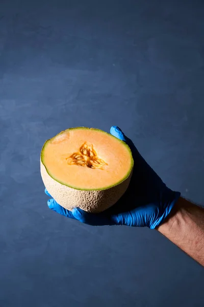 Cantalope Food Held Gloved Hand — Stock Photo, Image