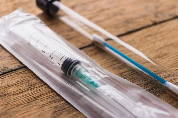 Syringe Test Swab Wooden Background — Foto de Stock