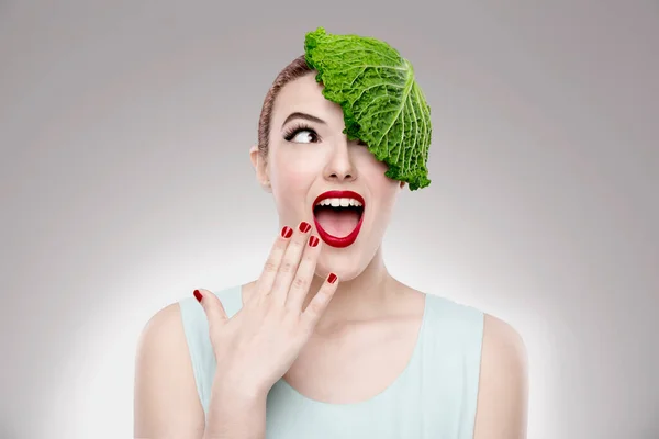 Portrait Woman Illustrating Vegan Concept Cabbage Head — Stock Photo, Image