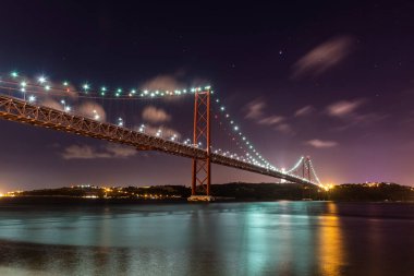 25 de Abril Köprüsü 'nün güzel manzarası Tejo Nehri üzerinde gece erken saatlerde, merkez Lizbon, Portekiz