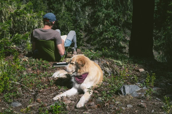 Reading In The Mountains With Dog Laying In The Sun
