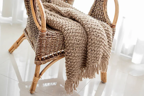 Close Warm Wool Knitted Plaids Chair — Stock Photo, Image