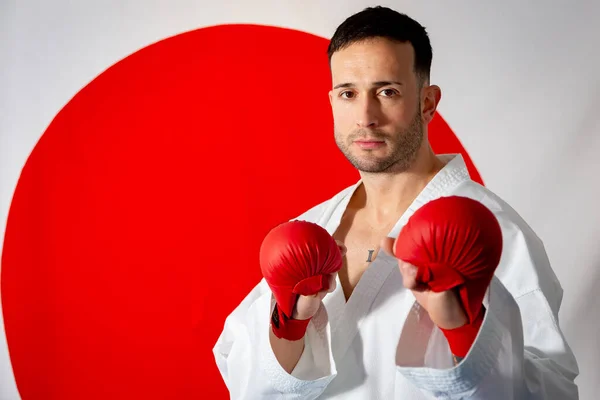 Portrait of karate man in guard position with Japan flag on the wall