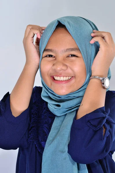 Portrait Happy Asian Girl Wearing Blue Hijab Smile You Touching — Stok Foto