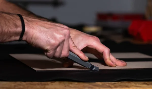 Craftsman Working Hands Cutter Leather — Stock Photo, Image