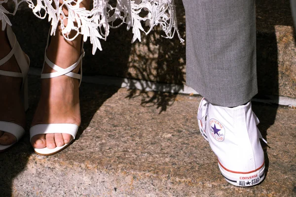 Closeup Bride Groom Wedding Footwear — Stock Photo, Image