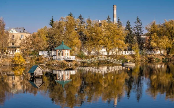 Autumn Landscape Lake Yellow Trees Village Ivanki Cherkasy Region Ukraine — Stock Photo, Image