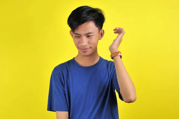 Portrait Happy Young Asian Man Smile Front Camera Isolated Yellow — Stok Foto