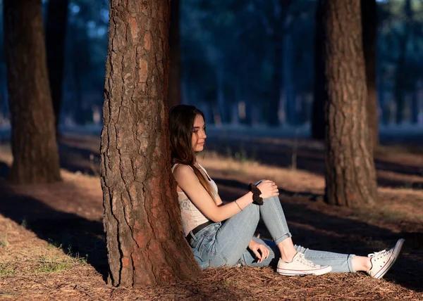 Attractive Young Woman Lonely Forest Sunset — Fotografia de Stock