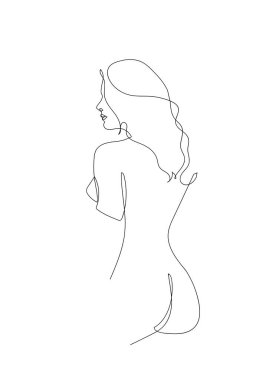 Aralıksız çizgiler ya da beyaz izole arka planda bir çizgi. Moda konsepti, kadın güzellik minimalisti, güzel çıplak bir figürün çizimi. 