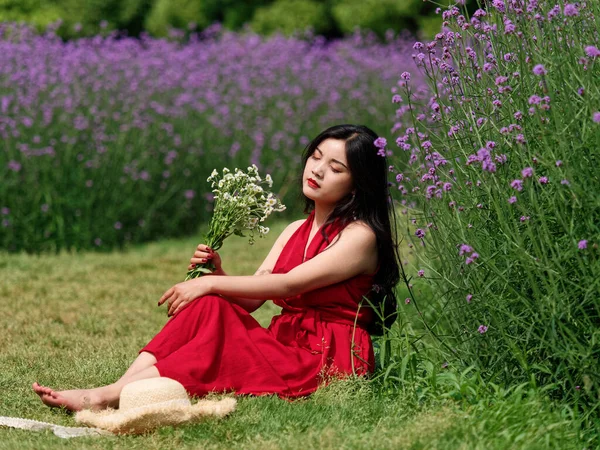 Portrait Young Chinese Girl Red Dress Verbena Flowers Field — Stock Photo, Image