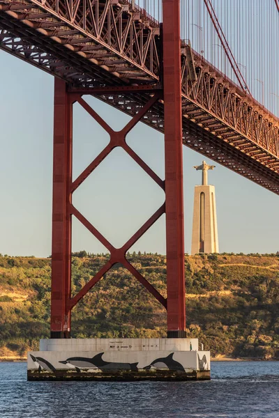 Bela Vista Para Ponte Abril Sobre Rio Tejo Estátua Cristo — Fotografia de Stock