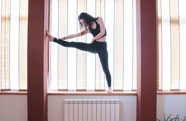 Girl Doing Yoga Windowsill — Stock Photo, Image