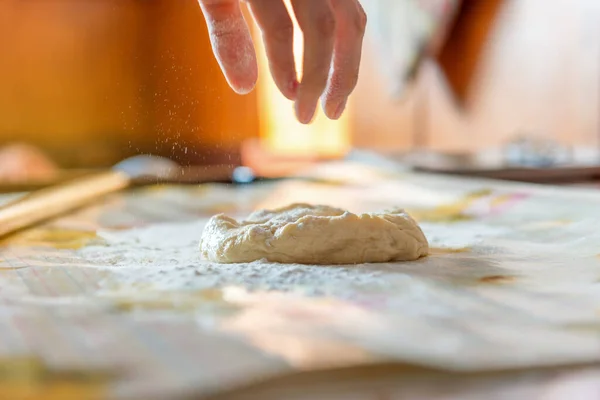 Woman Baker Prepares Dough Table — Stock Photo, Image