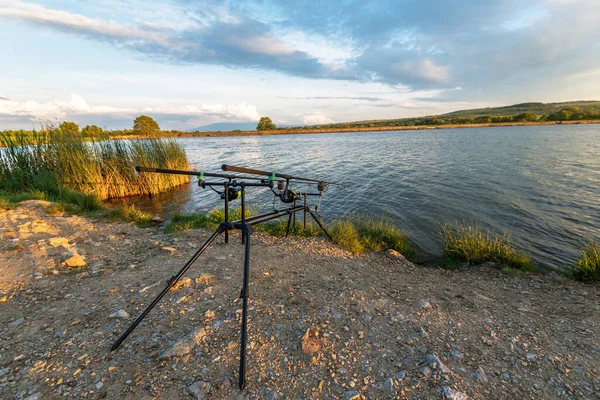 釣りの冒険 鯉釣り 鯉釣りの技術を使用して釣りです 湖の岸にキャンプ — ストック写真