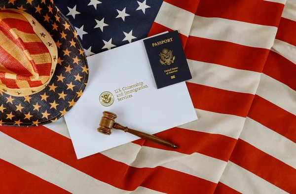 Passport Judge Gavel Lawyers Office Deportation Uscis Department Citizenship Immigration — Stock Photo, Image