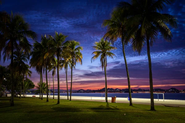 Beautiful view to the sun rising with colorful clouds and palm trees on city beach, Aterro do Flamengo, Rio de Janeiro, Brazil