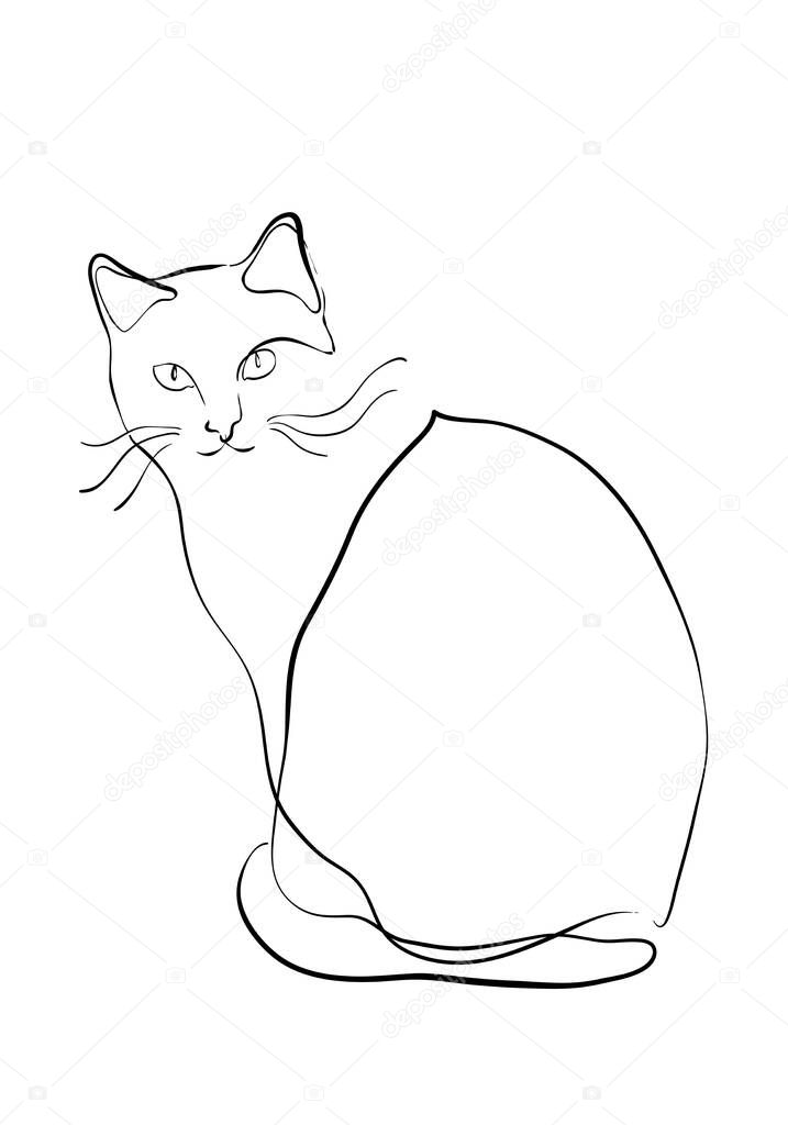 One line drawing of the cat in modern minimalistic style, Single line draw graphic design illustration