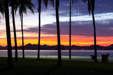 Güneşin doğuşuna güzel bir manzara şehir plajında renkli bulutlar ve palmiye ağaçları, Aterro do Flamengo, Rio de Janeiro, Brezilya