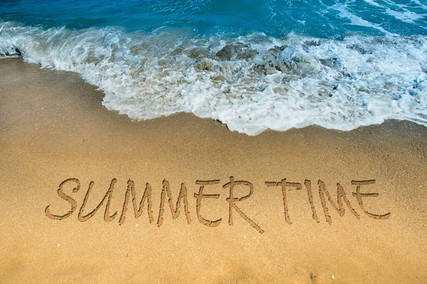 Wave Blue Sea Sandy Beach Text Summer Time Written Sand — Stock Photo, Image