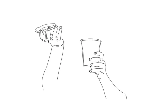 One Continuous Line Drawing Hands Holding Cup Hot Coffee Art — Stock Photo, Image