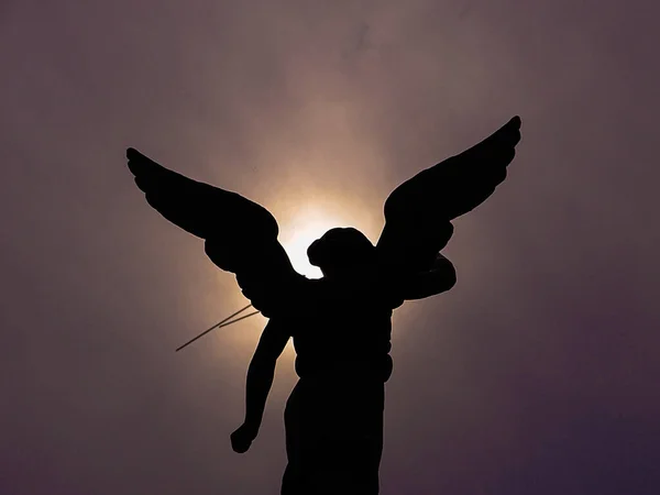 Statuia Unui Aripi Înger Fundal Întunecat — Fotografie, imagine de stoc