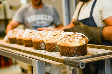 Aşçı fırıncılar panettone hazırlıyorlar İtalyan noel pastası pastanede