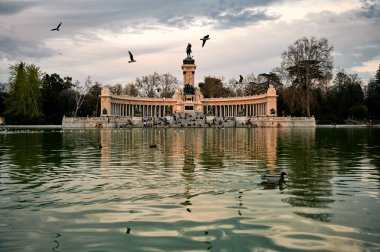 Kral XII. Alfonso Anıtı 'nın yakınındaki gezginler Madrid' deki Retiro Parkı 'nda göletin yanında kuşlarla birlikte bulunuyorlar.