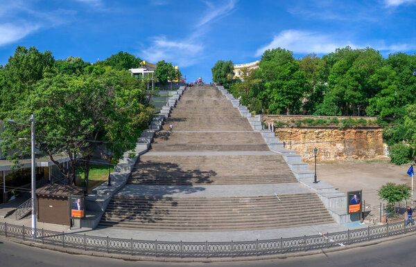Odessa, Ukraine 06.06.2020.  The Potemkin Stairs, or Potemkin Steps the entrance into the city, the best known symbol of Odessa, Ukraine
