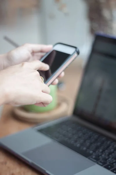 stock image Woman using smart phone in coffee shop, stock photo