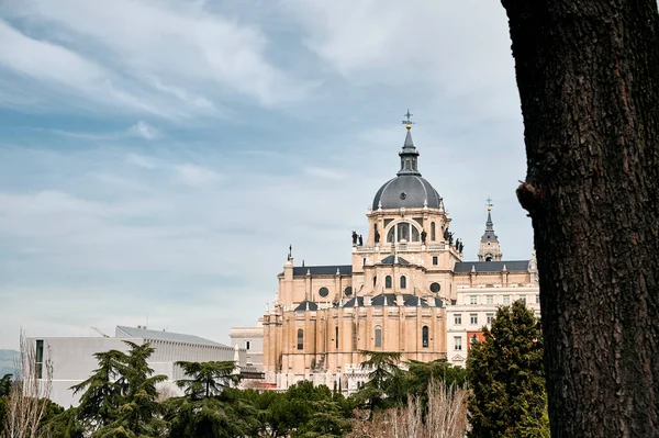 Buitenarchitectuur Van Prachtige Almudena Kathedraal Gezien Van Achter Bomen Tegen — Stockfoto